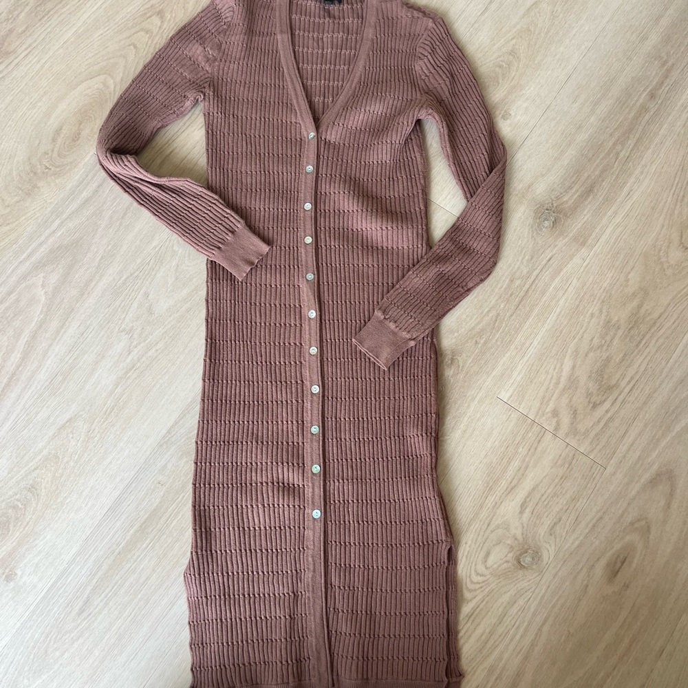 Current Air Ribbed Button-Front Long Sleeve Dress - Mauve